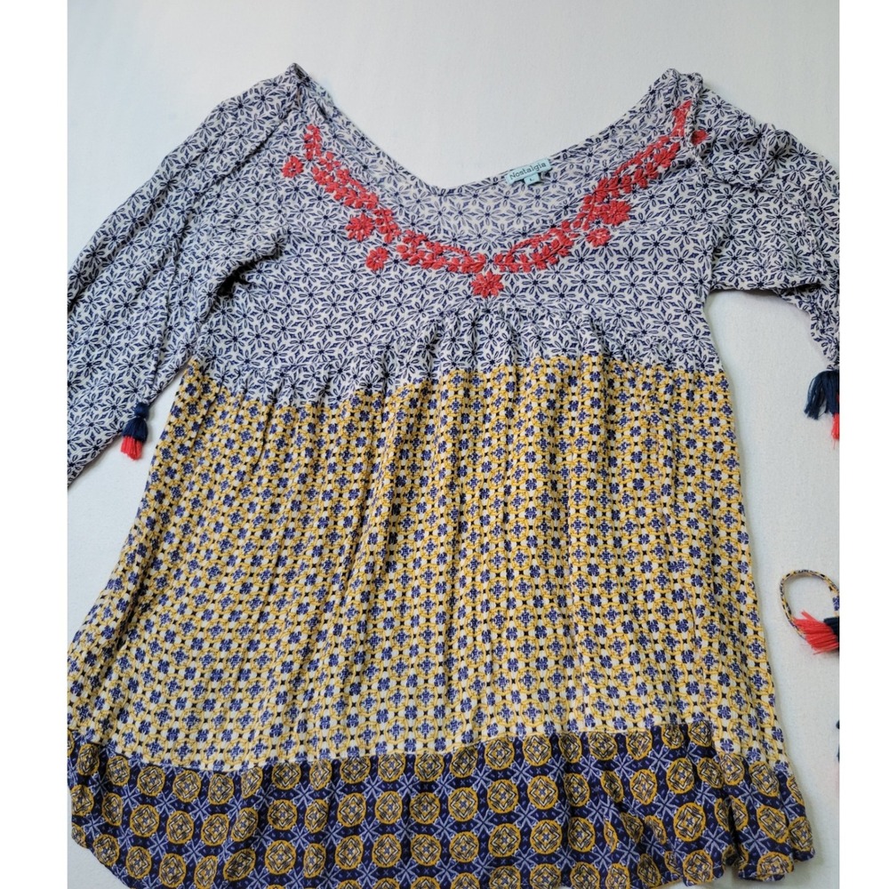 Nostalgia Boho Peasant Blouse Large Blue Yellow Floral Embroidered Tassel Top